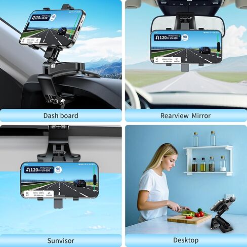 Universal 360 ° Dashboard Phone Mount-حامل سيارة دوارة متعددة الوظائف/الرؤية الخلفية للهواتف 4-7 بوصة ، حامل المشبك غير القابل للانزلاق (أسود) in Kuwait
