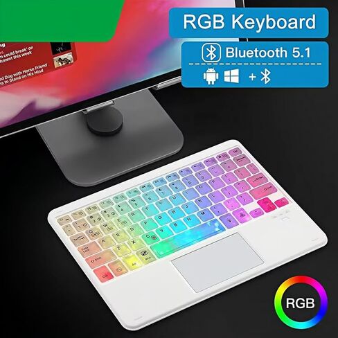7-Color Backlit Ultra-Slim Transparent Bluetooth Keyboard with Built-in Touchpad and Mouse Portable Mini Rechargeable for Apple iPad iPhone Samsung Tablet iPhone Smartphone iOS Android Windows-White in Saudi Arabia