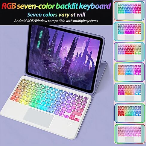 7-Color Backlit Ultra-Slim Transparent Bluetooth Keyboard with Built-in Touchpad and Mouse Portable Mini Rechargeable for Apple iPad iPhone Samsung Tablet iPhone Smartphone iOS Android Windows-White in Saudi Arabia