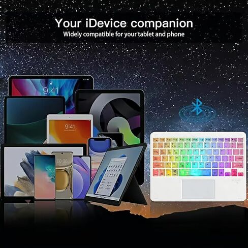 7-Color Backlit Ultra-Slim Transparent Bluetooth Keyboard with Built-in Touchpad and Mouse Portable Mini Rechargeable for Apple iPad iPhone Samsung Tablet iPhone Smartphone iOS Android Windows-White in Saudi Arabia
