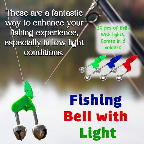 Fishing Rod Alarm Bells – 30-Pack Dual Alert Clips with Lights (Red, Green, Blue) | Clip-On Bite Alarms for Day & Night Fishing, Freshwater & Saltwater Use in Saudi Arabia