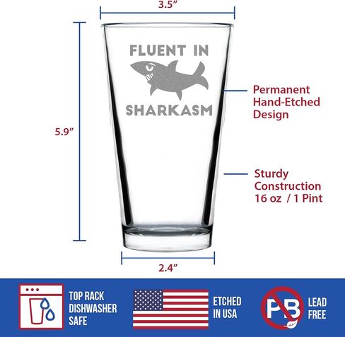 Fluent in Sharkasm - Funny Shark Pint Glass Gifts for Beer Drinking Men & Women - Fun Unique Sharks Decor in Saudi Arabia