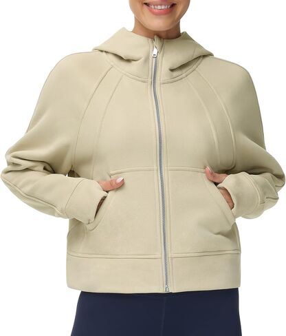 THE GYM PEOPLE Women's Full-Zip Up Hoodies Jacket Fleece Workout Crop Tops Sweatshirts with Pockets Thumb Hole in Kuwait