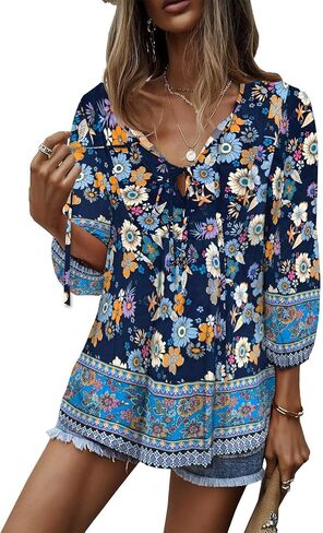 KAYWIDE Women's Casual Boho V Neck Top Loose Floral Printed Long Sleeve Beach Shirts Blouses in Kuwait