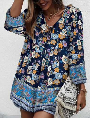 KAYWIDE Women's Casual Boho V Neck Top Loose Floral Printed Long Sleeve Beach Shirts Blouses in Kuwait