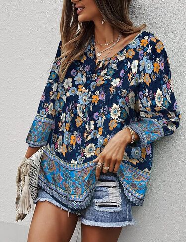 KAYWIDE Women's Casual Boho V Neck Top Loose Floral Printed Long Sleeve Beach Shirts Blouses in Kuwait