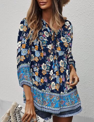 KAYWIDE Women's Casual Boho V Neck Top Loose Floral Printed Long Sleeve Beach Shirts Blouses in Kuwait