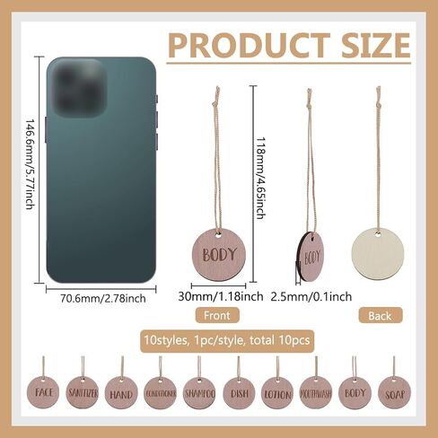 Fingerinspire 10 PCS علامات الحمام الخشبية للزجاجات علامات زجاجة جمل مع ملصق حمام خشبي من البوليستر - طبق ، يد ، صابون ، غسول ، شامبو ، مكيف ، جسم ، وجه ، غسول الفم in Saudi Arabia