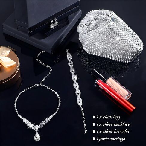 Meanplan 4 Pcs Silver Clutch Purse Jewelry Set for Women Evening Rhinestone Purse Silver Accessories for Women Bride Wedding Jewelry in Saudi Arabia