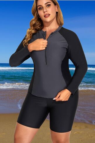 Daci Plus Size Rash Guard for Women - Long Sleeve Swimsuits 2 Piece Bathing Suit Built in Bra Swim Shirt with Shorts in Kuwait