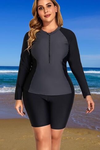 Daci Plus Size Rash Guard for Women - Long Sleeve Swimsuits 2 Piece Bathing Suit Built in Bra Swim Shirt with Shorts in Kuwait