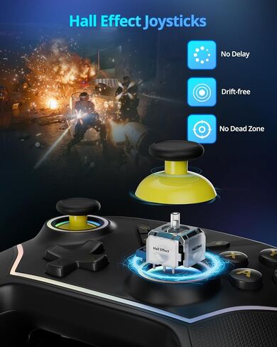 وحدة تحكم لاسلكية متعددة المنصات ، وحدة تحكم ألعاب الكمبيوتر الشخصي مع 2.4G ADPATER/HALL/HALL MOWSTICKS/HALL TRIGGERS/1200 MAH BATTERN/4 أزرار قابلة للبرمجة/إضاءة RGB ، متوافقة مع Windows PC 7/8.1/10/11 ، Switch/OLED/LITE ، IOS ، Android ، Steam-Black in Kuwait