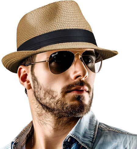 Straw Fedora Hat for Women Men Packable Short Brim Roll Up Trilby Hat Panama Summer Beach Sun Hat UPF 50+ in Kuwait