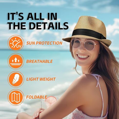 Straw Fedora Hat for Women Men Packable Short Brim Roll Up Trilby Hat Panama Summer Beach Sun Hat UPF 50+ in Kuwait