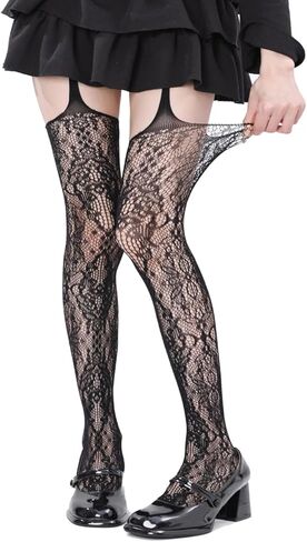 Mrotrida Women Lace Fishnet Mesh Tights Fashion Hollow Out Pantyhose Elastic Through Thigh High Stockings in Kuwait