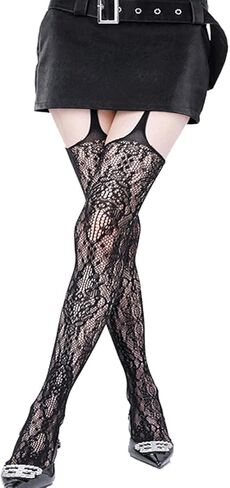 Mrotrida Women Lace Fishnet Mesh Tights Fashion Hollow Out Pantyhose Elastic Through Thigh High Stockings in Kuwait