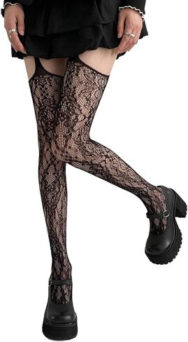 Mrotrida Women Lace Fishnet Mesh Tights Fashion Hollow Out Pantyhose Elastic Through Thigh High Stockings in Kuwait