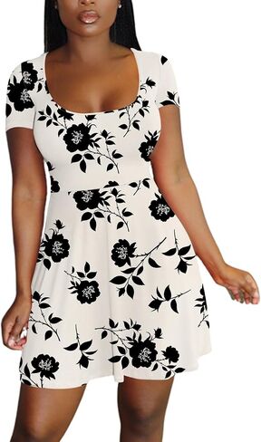 LYANER Women's Scoop Neck Short Sleeve Ruffle Hem A Line Flare Mini Basic Dress in Kuwait