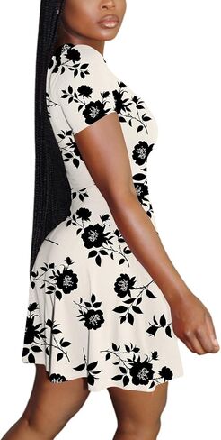 LYANER Women's Scoop Neck Short Sleeve Ruffle Hem A Line Flare Mini Basic Dress in Kuwait