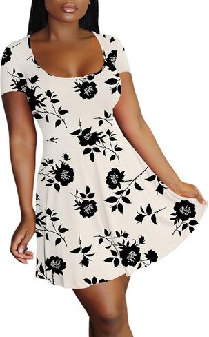 LYANER Women's Scoop Neck Short Sleeve Ruffle Hem A Line Flare Mini Basic Dress in Kuwait