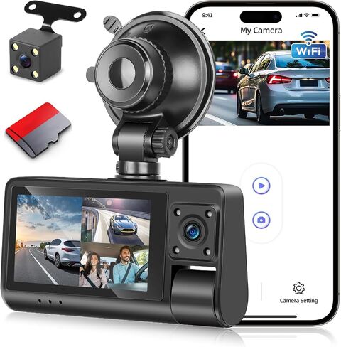 NHOPEEW 3 Channel Dash Cam for Cars, Dash Cam Front and Rear Inside, Bulit-in WiFi: 3 inch IPS Screen, 1080P Triple Dash Camera with 64GB Card, G-Sensor, Loop Record, Night Vision + Rearview Camera in Saudi Arabia