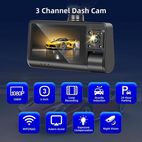NHOPEEW 3 Channel Dash Cam for Cars, Dash Cam Front and Rear Inside, Bulit-in WiFi: 3 inch IPS Screen, 1080P Triple Dash Camera with 64GB Card, G-Sensor, Loop Record, Night Vision + Rearview Camera in Saudi Arabia