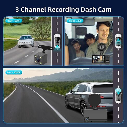 NHOPEEW 3 Channel Dash Cam for Cars, Dash Cam Front and Rear Inside, Bulit-in WiFi: 3 inch IPS Screen, 1080P Triple Dash Camera with 64GB Card, G-Sensor, Loop Record, Night Vision + Rearview Camera in Saudi Arabia