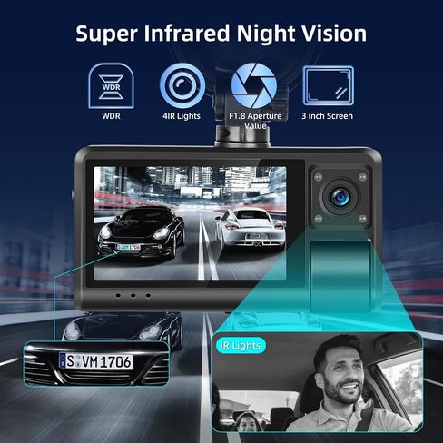 NHOPEEW 3 Channel Dash Cam for Cars, Dash Cam Front and Rear Inside, Bulit-in WiFi: 3 inch IPS Screen, 1080P Triple Dash Camera with 64GB Card, G-Sensor, Loop Record, Night Vision + Rearview Camera in Saudi Arabia
