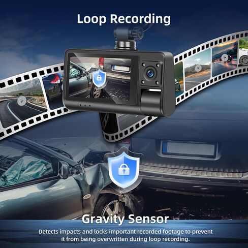 NHOPEEW 3 Channel Dash Cam for Cars, Dash Cam Front and Rear Inside, Bulit-in WiFi: 3 inch IPS Screen, 1080P Triple Dash Camera with 64GB Card, G-Sensor, Loop Record, Night Vision + Rearview Camera in Saudi Arabia