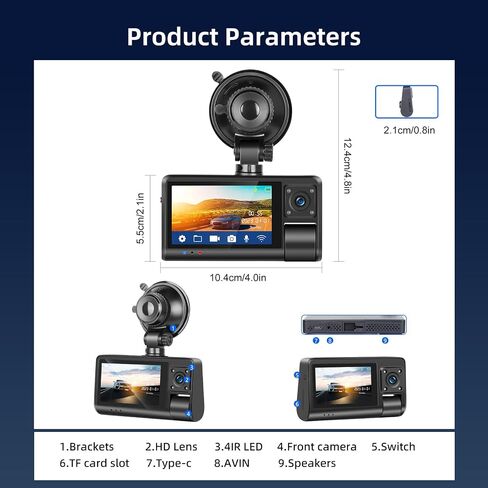 NHOPEEW 3 Channel Dash Cam for Cars, Dash Cam Front and Rear Inside, Bulit-in WiFi: 3 inch IPS Screen, 1080P Triple Dash Camera with 64GB Card, G-Sensor, Loop Record, Night Vision + Rearview Camera in Saudi Arabia