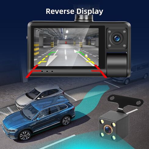 NHOPEEW 3 Channel Dash Cam for Cars, Dash Cam Front and Rear Inside, Bulit-in WiFi: 3 inch IPS Screen, 1080P Triple Dash Camera with 64GB Card, G-Sensor, Loop Record, Night Vision + Rearview Camera in Saudi Arabia