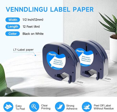 Compatible with Dymo Label Maker Refills 91331 Plastic Label Tape, Replacement for Dymo Letratag Refills, for Letra Tag 100T 100H 200B QX50 Maker, Black on White, 12mm (1/2" x 13'), 3-Pack in Kuwait
