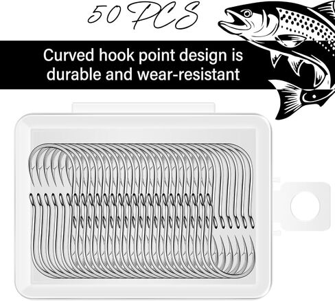 50PCS Sharp Barbed Fishing Hooks, High-Carbon Steel Ultra-Strong, Single Size with Hole for Easy Tying, Secure Portable Box Included – Ideal for Bank Fishing, Lure Fishing & All Conditions in Saudi Arabia