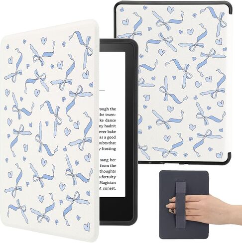 Cute Blue Bow Pattern Case for 7" Kindle Paperwhite(12Th Gen,2024)&Kindle Colorsoft Aesthetic Heart Ribbon Cover with Hand Strap Soft Pu Leather Case Compatible with Kindle Auto Sleep&Wake in Saudi Arabia