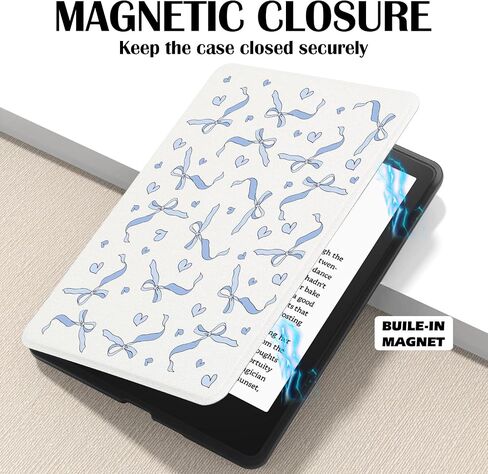 Cute Blue Bow Pattern Case for 7" Kindle Paperwhite(12Th Gen,2024)&Kindle Colorsoft Aesthetic Heart Ribbon Cover with Hand Strap Soft Pu Leather Case Compatible with Kindle Auto Sleep&Wake in Saudi Arabia