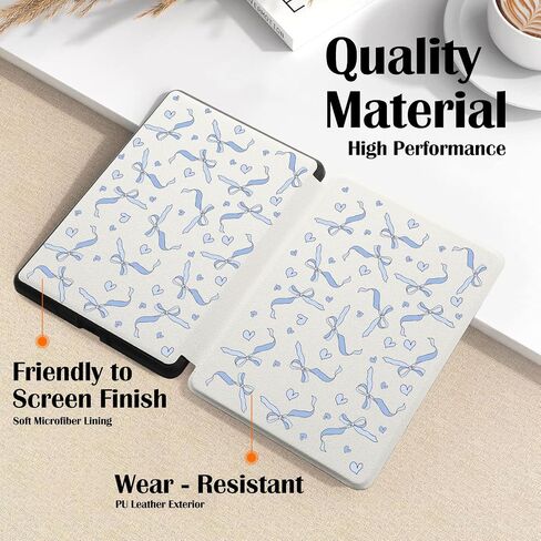 Cute Blue Bow Pattern Case for 7" Kindle Paperwhite(12Th Gen,2024)&Kindle Colorsoft Aesthetic Heart Ribbon Cover with Hand Strap Soft Pu Leather Case Compatible with Kindle Auto Sleep&Wake in Saudi Arabia