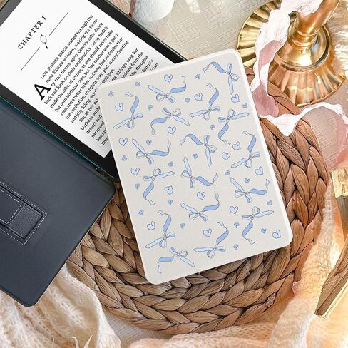 Cute Blue Bow Pattern Case for 7" Kindle Paperwhite(12Th Gen,2024)&Kindle Colorsoft Aesthetic Heart Ribbon Cover with Hand Strap Soft Pu Leather Case Compatible with Kindle Auto Sleep&Wake in Saudi Arabia
