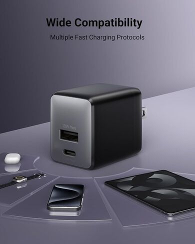 شاحن USB C الشحن السريع ، شاحن نانو ثنائي المنفذ مزدوجًا مع سدادات قابلة للطي لسلسلة iPhone 16/15 ، iPad ، Galaxy S24 Ultra ومزيد من السلسلة ، (Black ، 1 Pack) in Kuwait