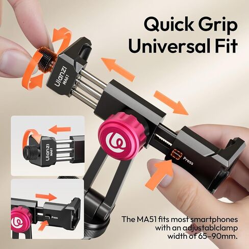 Ulanzi MA51 Metal Phone Tripod Mount ، مشبك الهاتف مع قاعدة ARCA UKA ، حذاء بارد ، ARRI تحديد موقع الثقوب ، 360 درجة دوارة 180 درجة ، حامل الهاتف الخليوي متوافق مع iPhone 17 16 15 14 Samsung الهاتف الخلوي in Kuwait