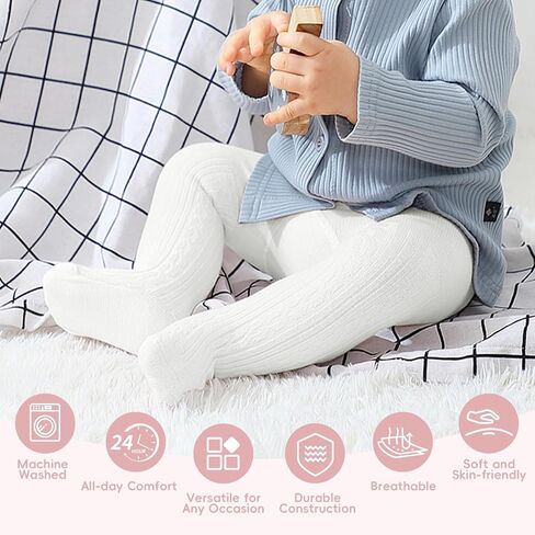 Baby Toddler Girls Cable Knit Tights, Non-Slip Footed Stockings | Cable Knit Texture, Non-Slip Sole Design, Footed Tight Style, Baby Girl Fit, Newborn to Toddler Sizes in Kuwait