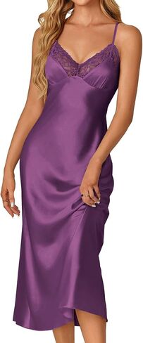 OPOIPIN Women's Satin V Neck Lace Trim Spaghetti Straps Sleeveless Chemise Lingerie Nightdress Nightgown in Kuwait