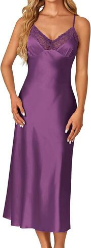 OPOIPIN Women's Satin V Neck Lace Trim Spaghetti Straps Sleeveless Chemise Lingerie Nightdress Nightgown in Kuwait