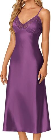 OPOIPIN Women's Satin V Neck Lace Trim Spaghetti Straps Sleeveless Chemise Lingerie Nightdress Nightgown in Kuwait