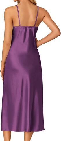 OPOIPIN Women's Satin V Neck Lace Trim Spaghetti Straps Sleeveless Chemise Lingerie Nightdress Nightgown in Kuwait