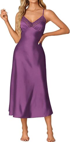 OPOIPIN Women's Satin V Neck Lace Trim Spaghetti Straps Sleeveless Chemise Lingerie Nightdress Nightgown in Kuwait
