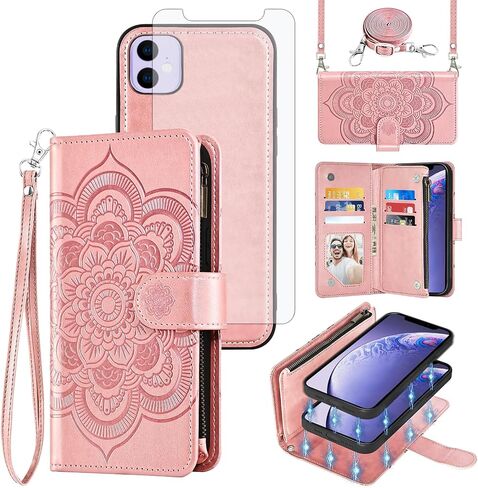 Asuwish Phone Case لـ iPhone 11 6.1 Zipper Wallet Cover Detachable Cell with Presped Glass Screen Screens Crossbody Strap Strap حامل بطاقة Flower iPhone11 iPhone11 I Phone11 11S XI 11r Women Gray in Saudi Arabia