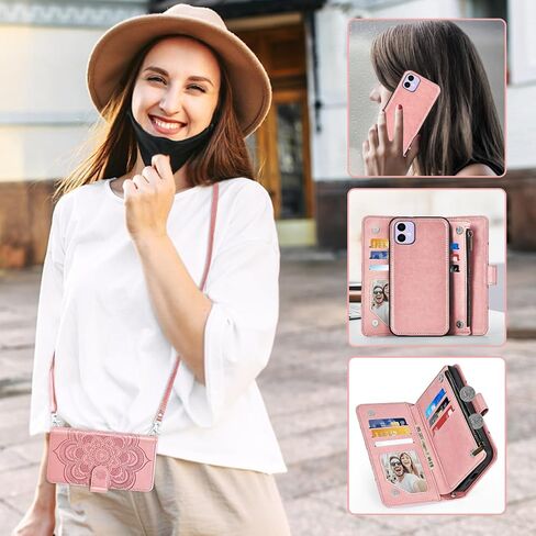 Asuwish Phone Case لـ iPhone 11 6.1 Zipper Wallet Cover Detachable Cell with Presped Glass Screen Screens Crossbody Strap Strap حامل بطاقة Flower iPhone11 iPhone11 I Phone11 11S XI 11r Women Gray in Saudi Arabia
