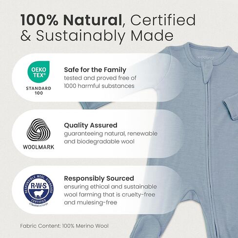 Woolino Toddler Footie Sleeper, Merino Wool Baby Pajamas, One-Piece Sleeper Jumpsuit, Front Zip Footie Romper for Unisex in Kuwait
