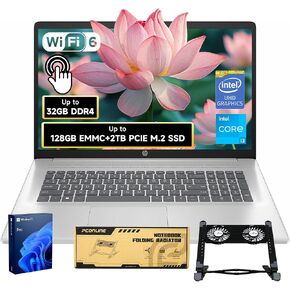 HP 17.3" Touchscreen Laptop, Intel Core i3-N305, 32GB RAM, 128GB eMMC + 1TB SSD, Numeric Keypad, Webcam, HDMI, Wi-Fi 6, Windows 11 Pro, Silver, Bundle with PCO Notebook Fold Radiator, Cooler in Kuwait