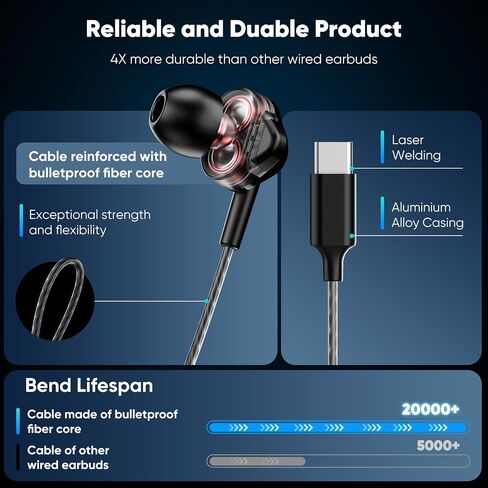 سماعات الرأس HI-Fi مزدوجة مع ميكروفون HD ، USB-C سلكية الأذن في الأذن ، باس عميق ، عزل الضوضاء ، التحكم المضمسي ، لجهاز iPhone15/16 ، هاتف Samsung الذكي ، هاتف Android ، الكمبيوتر المحمول ، جهاز USB نوع C. in Kuwait